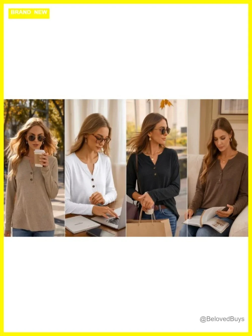 Women's Long Sleeve V-Neck Henley Blouse Loose Fit Dressy Casual Work Top